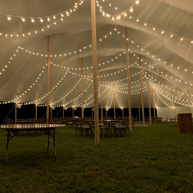 Sailcloth Event Tent by Canvas Camp Luxury Outdoor Canopy inside shot of ceiling with lights