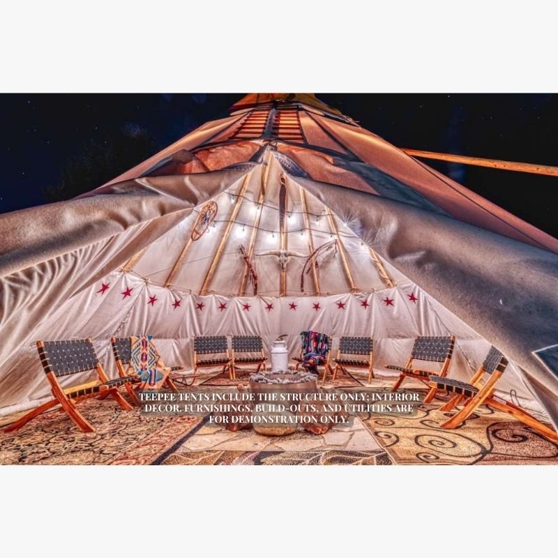 Teepee Tent by Nomadic Tipi Makers interior view with fire pit and eight chairs