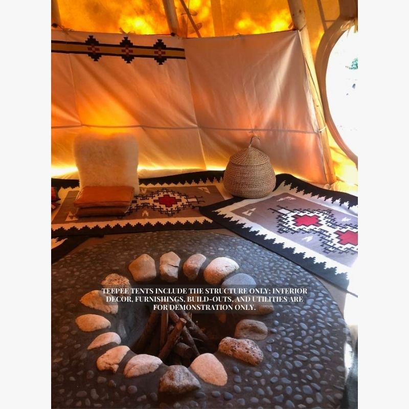 Teepee Tent by Nomadic Tipi Makers interior view with fire pit and rugs
