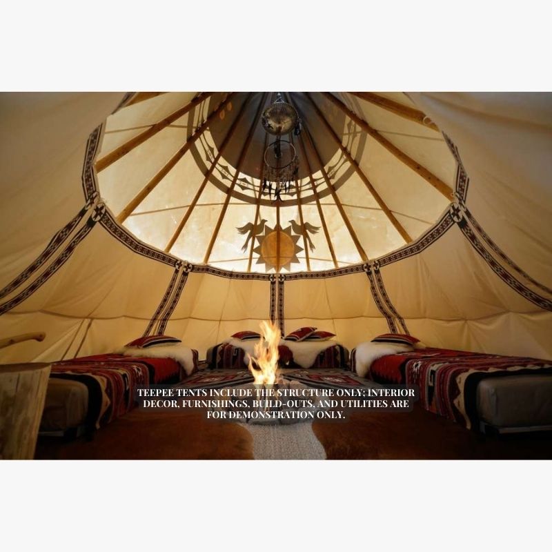 Teepee Tent by Nomadic Tipi Makers interior view with fire pit and three beds