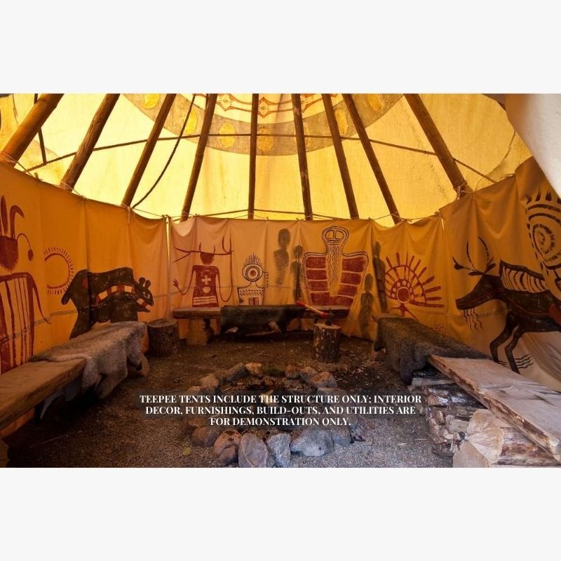 Teepee Tent by Nomadic Tipi Makers interior view with gravel floor fire pit and wood benches
