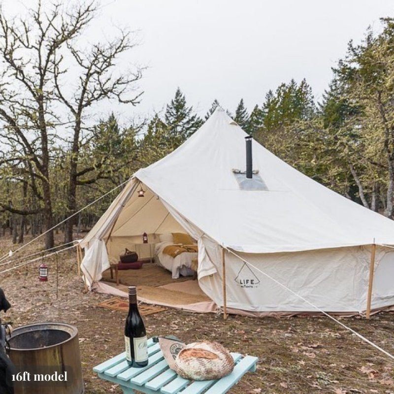 Yurt Tent Fernweh by Life in Tents 16ft front left view with wine and sourdough bread