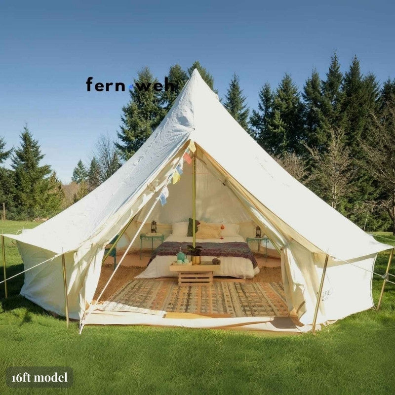 Yurt Tent Fernweh by Life in Tents 16ft front view on grass open door with bed