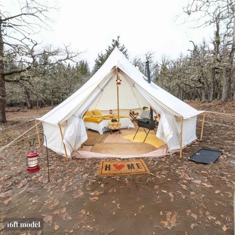 Yurt Tent Fernweh by Life in Tents 16ft front view open door with bed tent stove and home mat during fall autumn