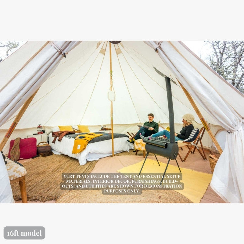 Yurt Tent Fernweh by Life in Tents 16ft interior view with 2 people reading tent stove and bed