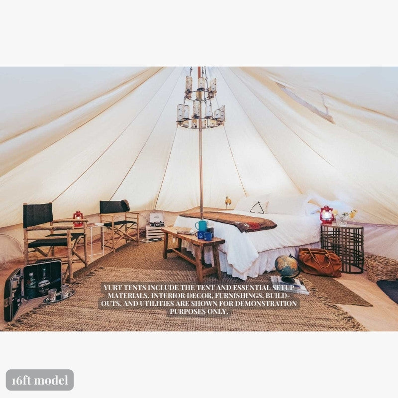 Yurt Tent Fernweh by Life in Tents 16ft interior view with bed 2 chairs and bench globe