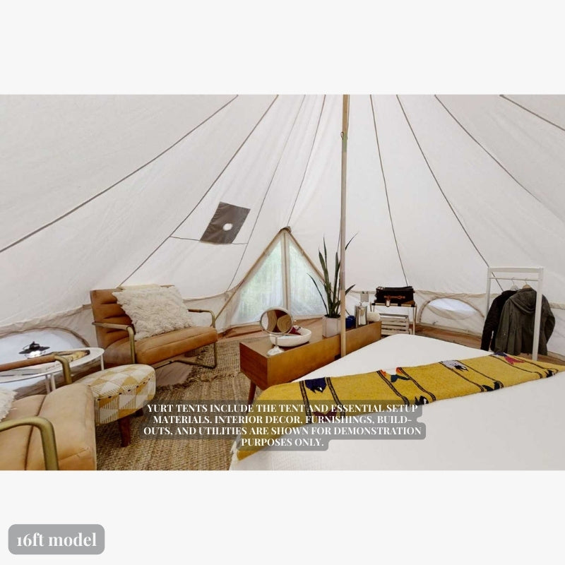 Yurt Tent Fernweh by Life in Tents 16ft interior view with bed chairs bench and plant