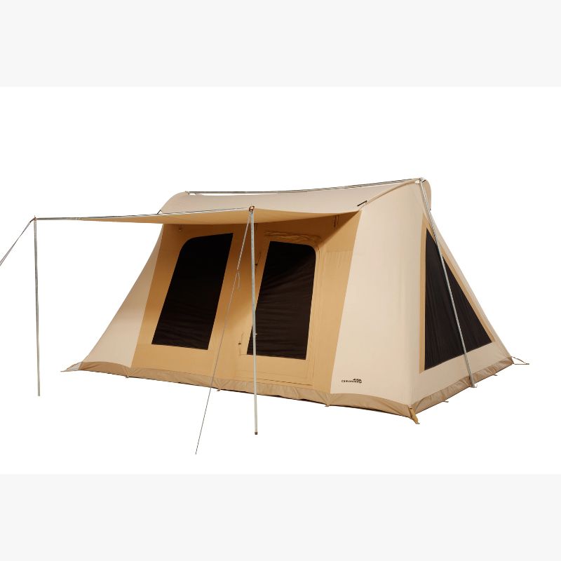 A Frame Tent Big Horn by Canvas Camp stock photo front left view with awning closed doors