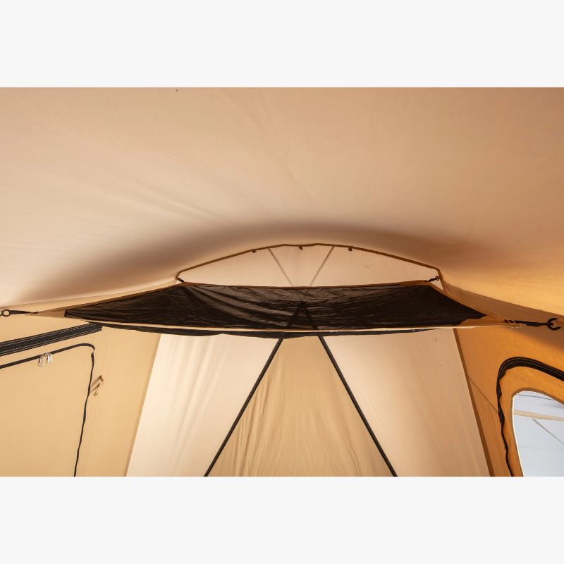 A Frame Tent Big Horn by Canvas Camp stock photo interior view of ceiling roof storage