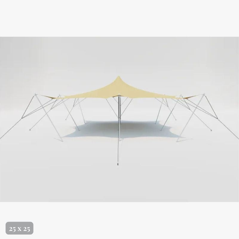 Flex Stretch Tent Q3 by Canvas Camp Luxury Outdoor Canopy 25x25 stock photo side view