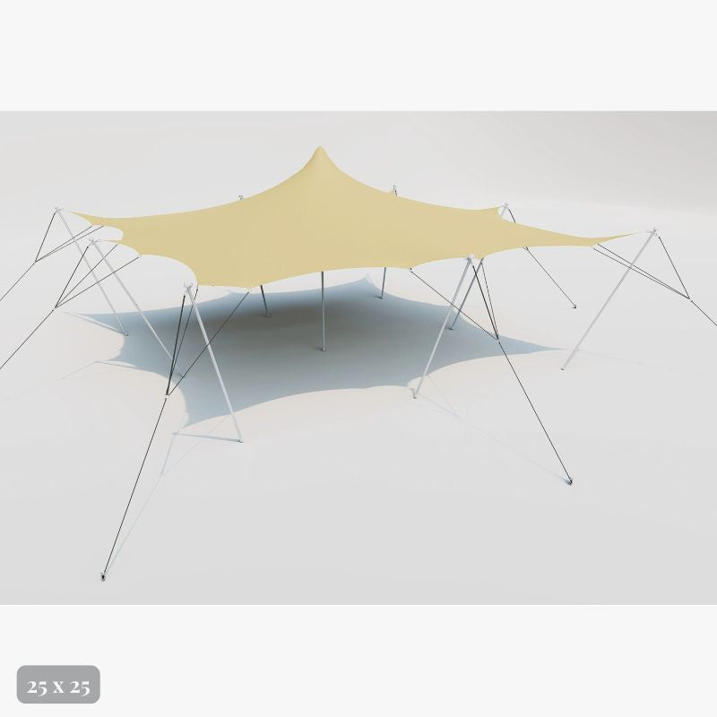 Flex Stretch Tent Q3 by Canvas Camp Luxury Outdoor Canopy 25x25 stock photo view from the side