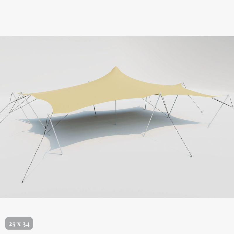 Flex Stretch Tent Q3 by Canvas Camp Luxury Outdoor Canopy 25x34 stock photo view from the side