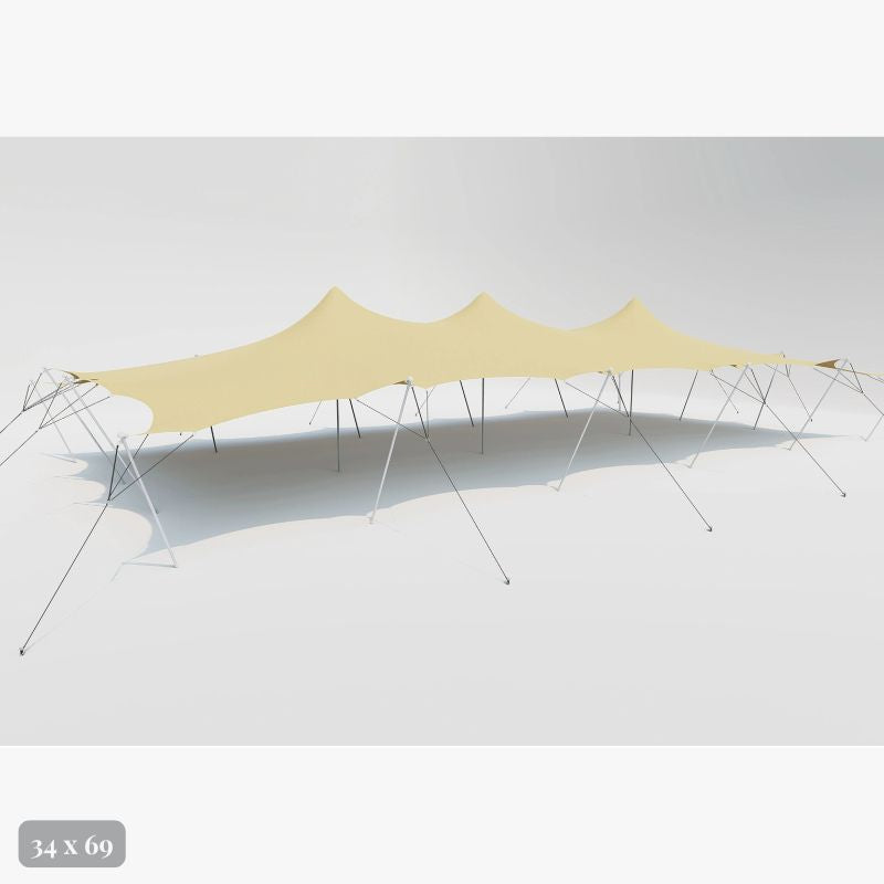 Flex Stretch Tent Q3 by Canvas Camp Luxury Outdoor Canopy 34x69 stock photo view from side