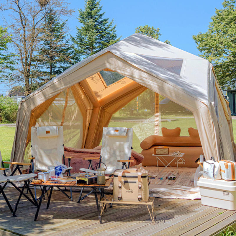 RBM Koala Hub beige front left view on wood deck at campsite