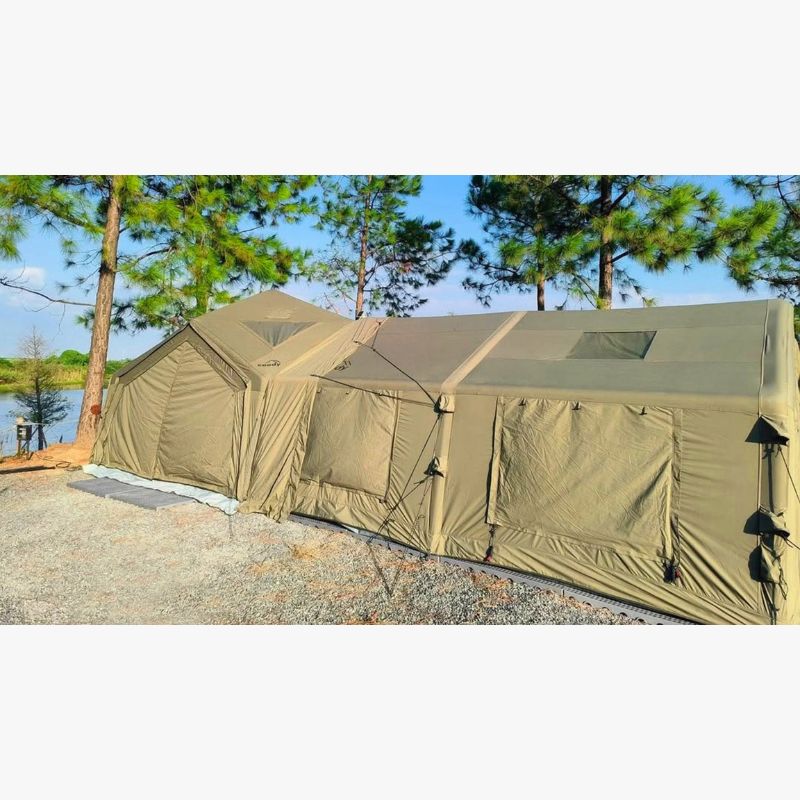 RBM Koala Hub khaki connected to Koala Air Tent 7 at campsite on rocks