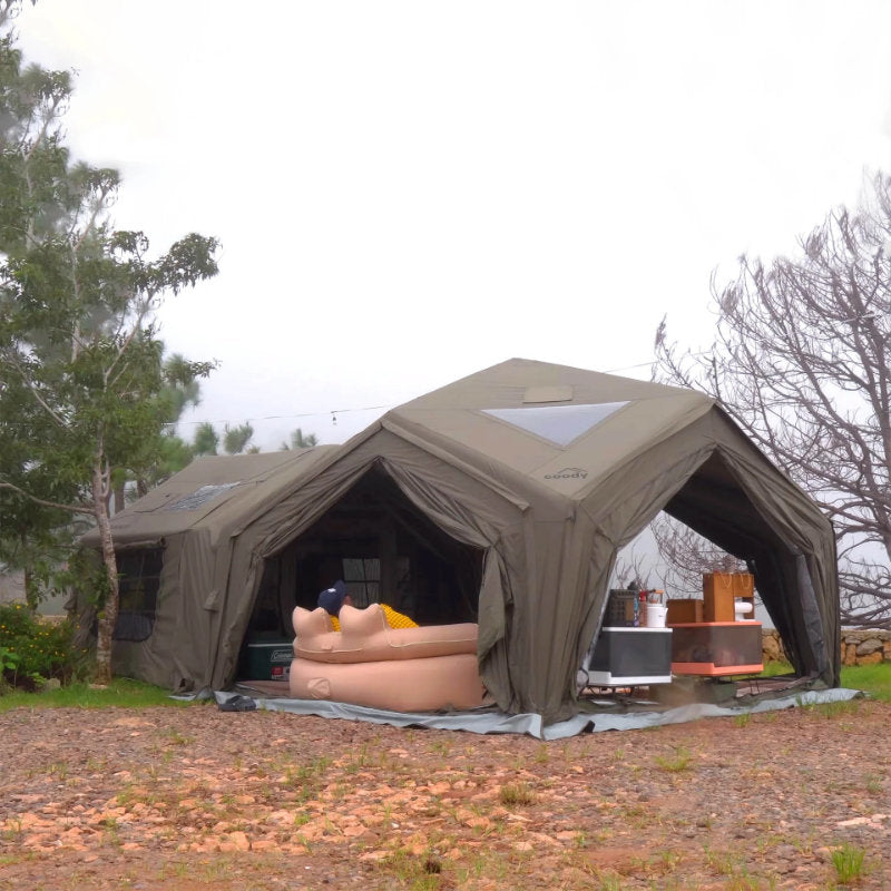 RBM Koala Hub khaki open connected to Koala Air 5 at campsite