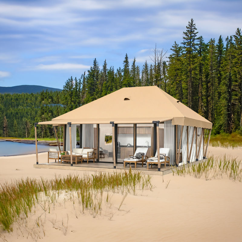 Safari Tent Eclipse by Luna Glamping front stock photo on beach
