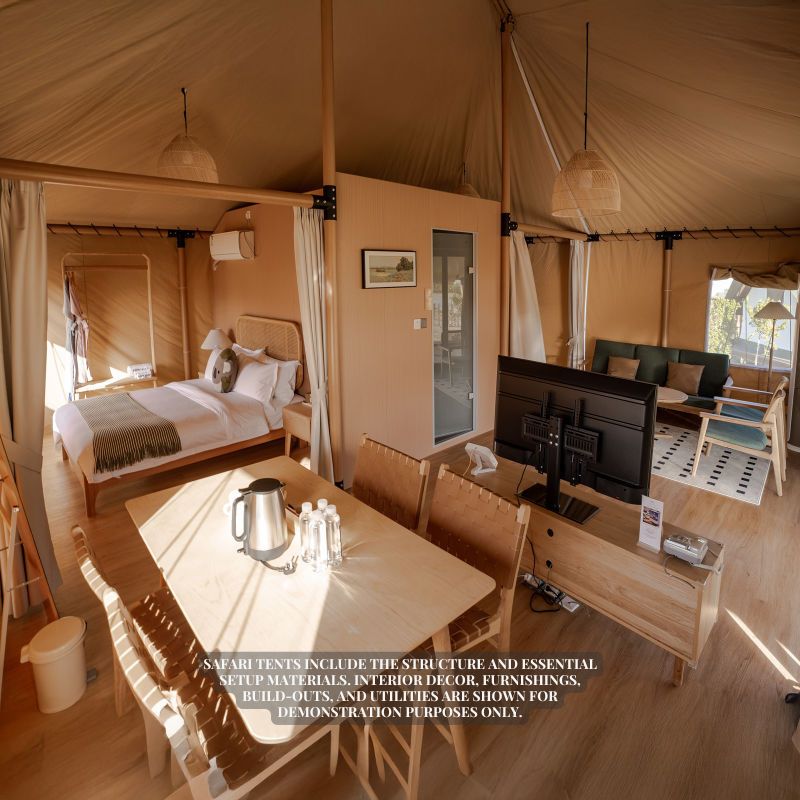 Safari Tent Eclipse by Luna Glamping full interior view of bedroom dining area and living room