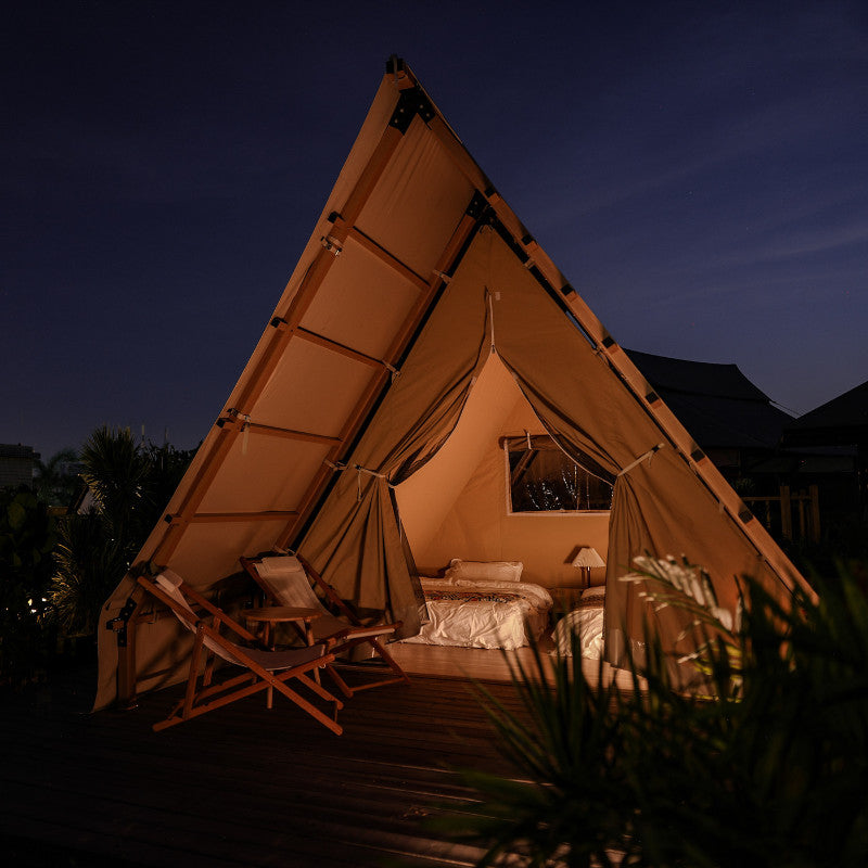 Safari Tent Equinox II by Luna Glamping front left view at night
