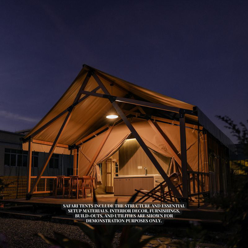 Safari Tent Zenith I by Luna Glamping front left view at night