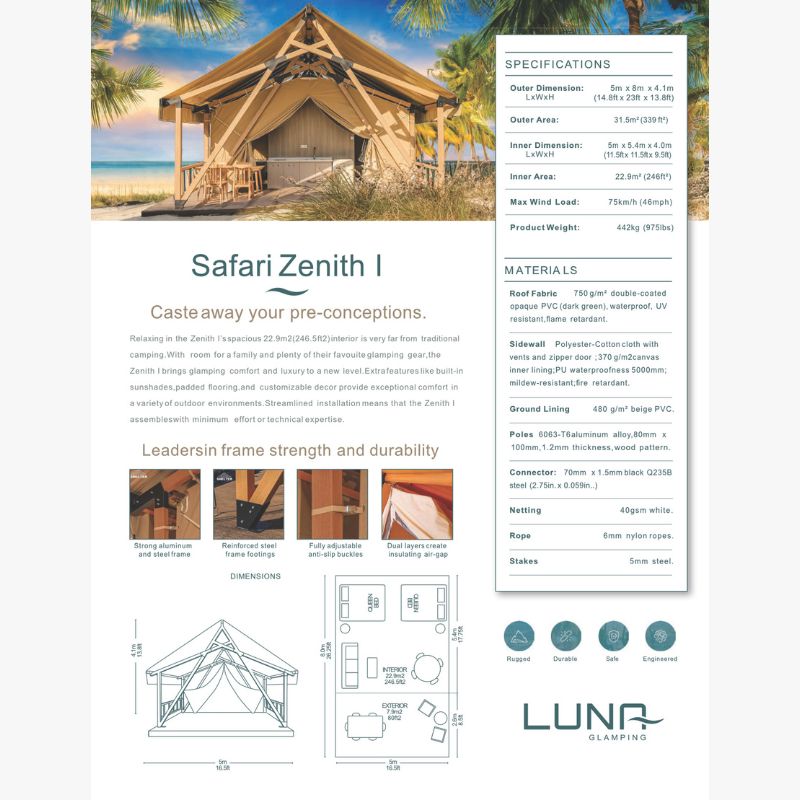Safari Tent Zenith I by Luna Glamping specifications and materials