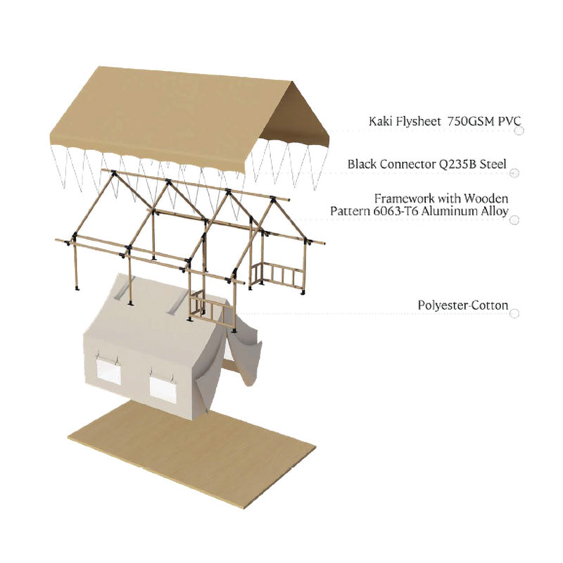 Safari Tent Zenith by Luna Glamping assembly photo kaki flysheet 750gsm pvc black connector Q235B steel aluminum allow framework 6063-T6 with wooden