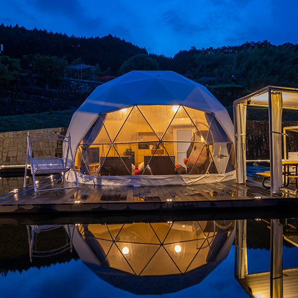 Stargazing Dome 19' Luna Glamping white on wood deck on water at night