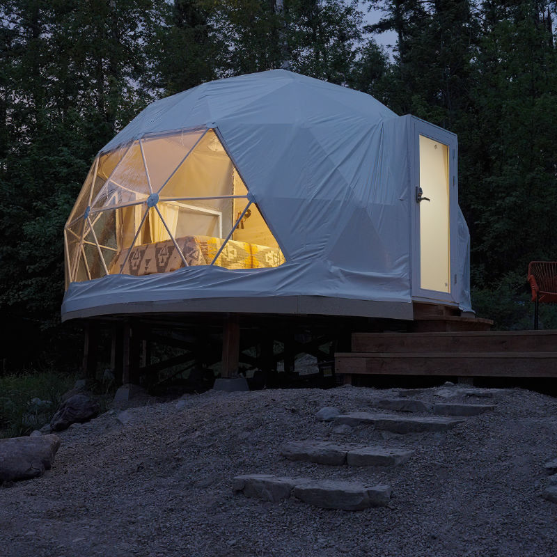 Stargazing Dome 16' Luna Glamping in white on wood deck at night