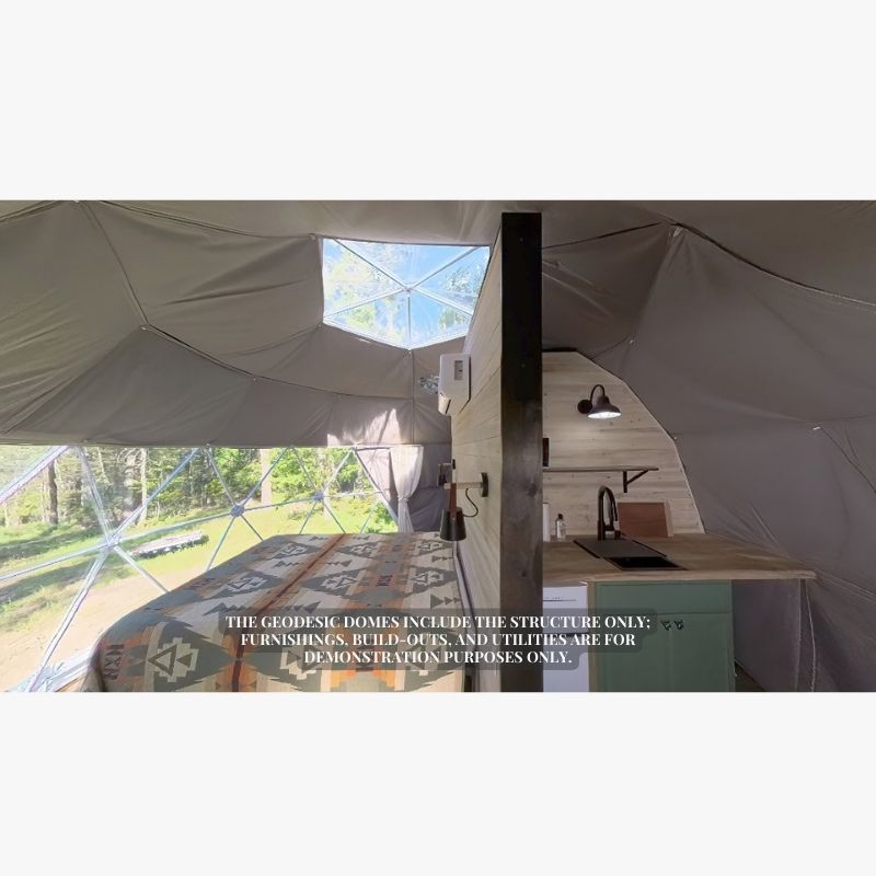 Stargazing Dome 16' Luna Glamping interior split view of bedroom and kitchen
