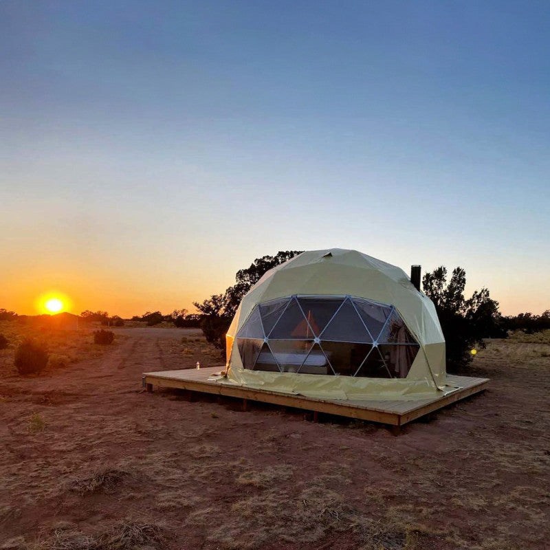 Stargazing Dome 16' Luna Glamping sandy beige in desert at sunset