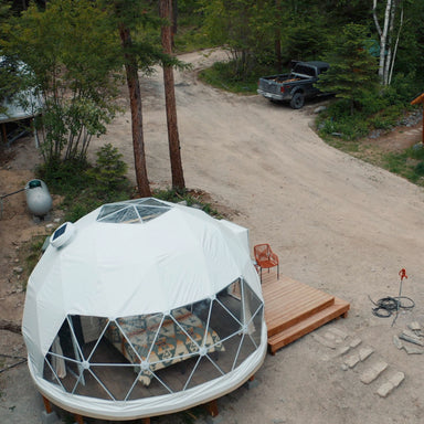 Stargazing Dome 16' Luna Glamping white front drone view
