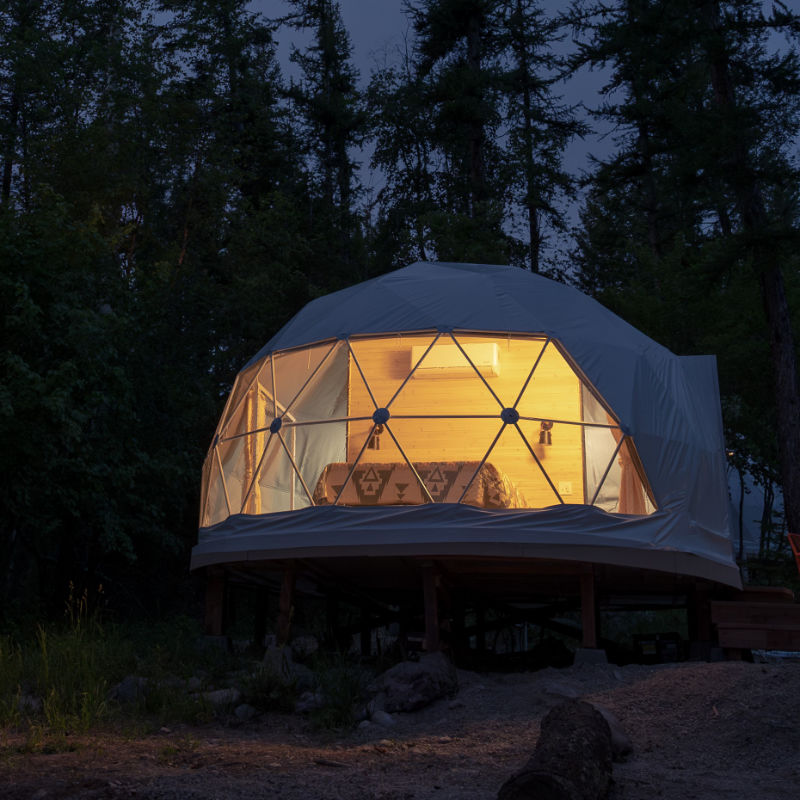 Stargazing Dome 16' Luna Glamping white in forest on wood deck at night