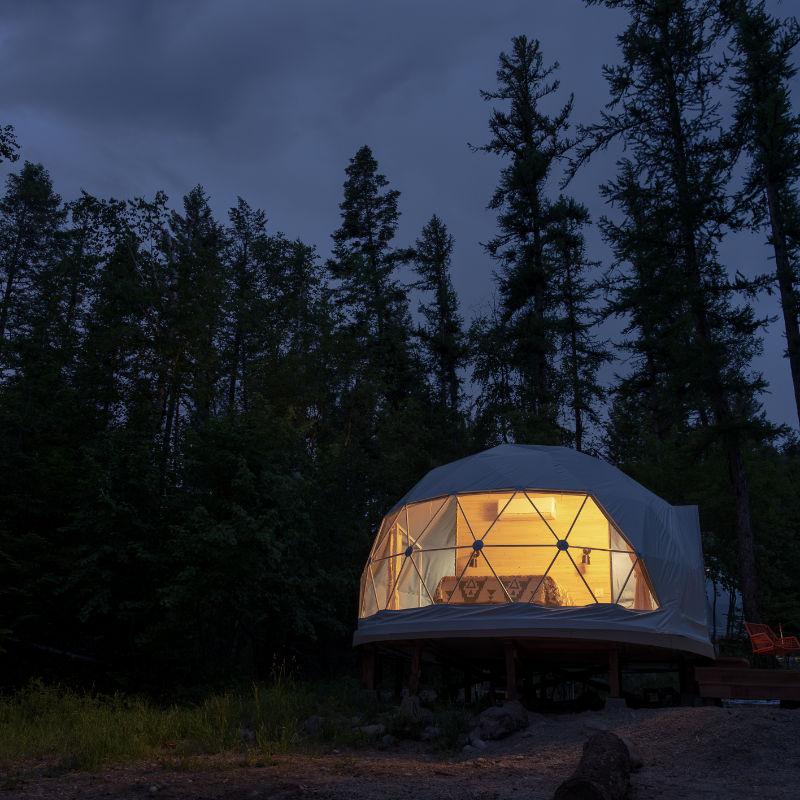 Stargazing Dome 16' Luna Glamping white in woods at night