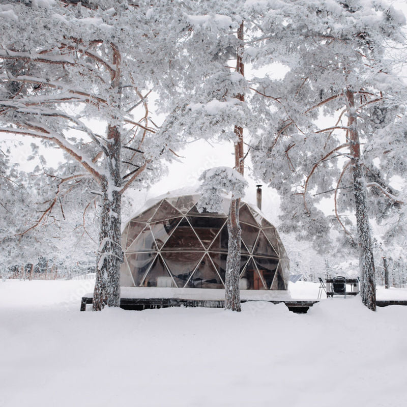 Stargazing Dome 19' Luna Glamping white front view of dome in snow