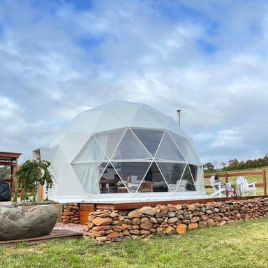 Stargazing Dome 19' Luna Glamping white front view on wood deck