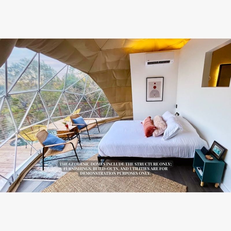 Stargazing Dome 19' Luna Glamping white interior bedroom with bed and two chairs