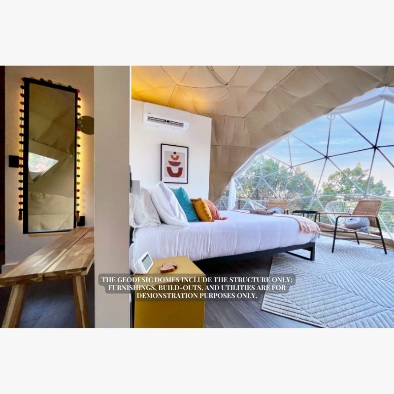 Stargazing Dome 19' Luna Glamping white interior split view of bedroom and wood bench