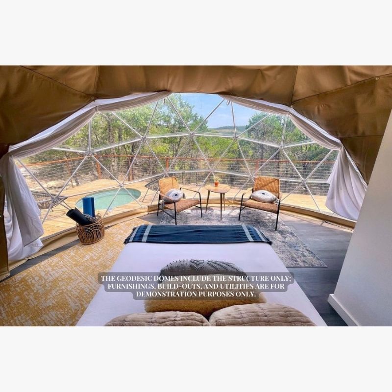 Stargazing Dome 19' Luna Glamping white interior view from bed of wood deck and hot tub
