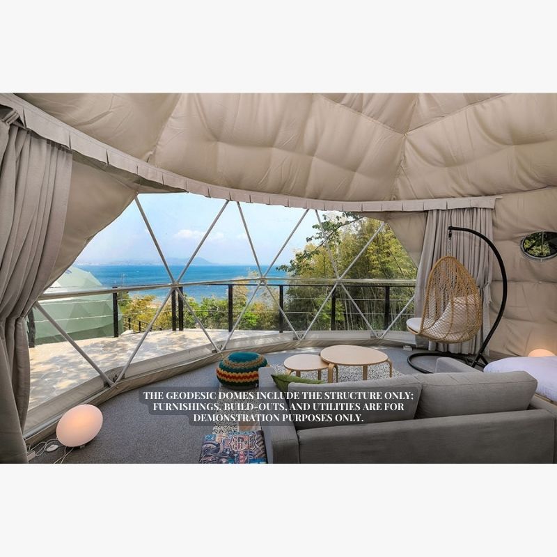 Stargazing Dome 19' Luna Glamping white interior view of living room