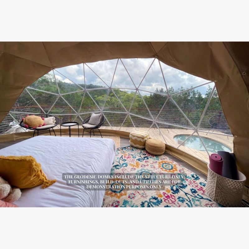 Stargazing Dome 19' Luna Glamping white interior view of wood deck and hot tub