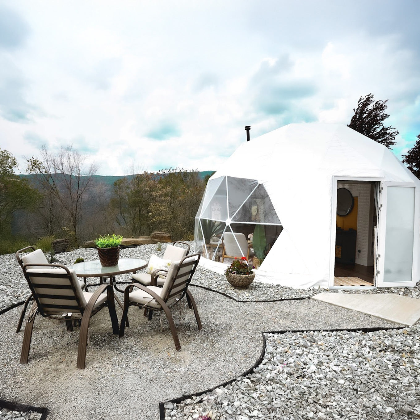Stargazing Dome 19' Luna Glamping white on rocks cliffside