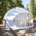 Stargazing Dome 19' Luna Glamping white on wood deck in woods