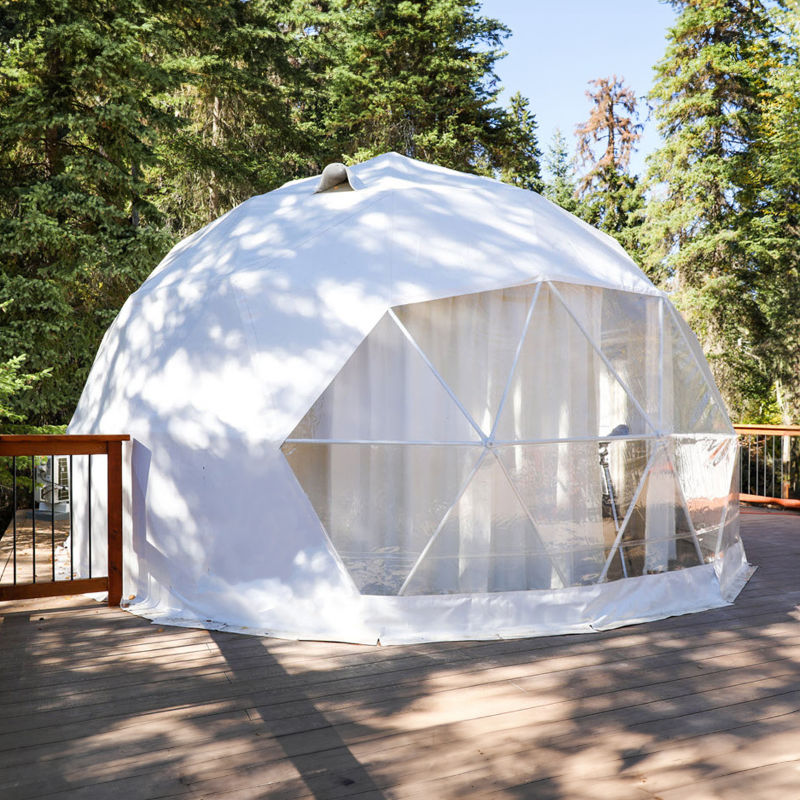 Stargazing Dome 19' Luna Glamping white on wood deck in woods