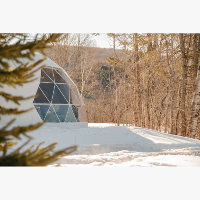 Stargazing Dome 23' Luna Glamping white with snow in woods daytime