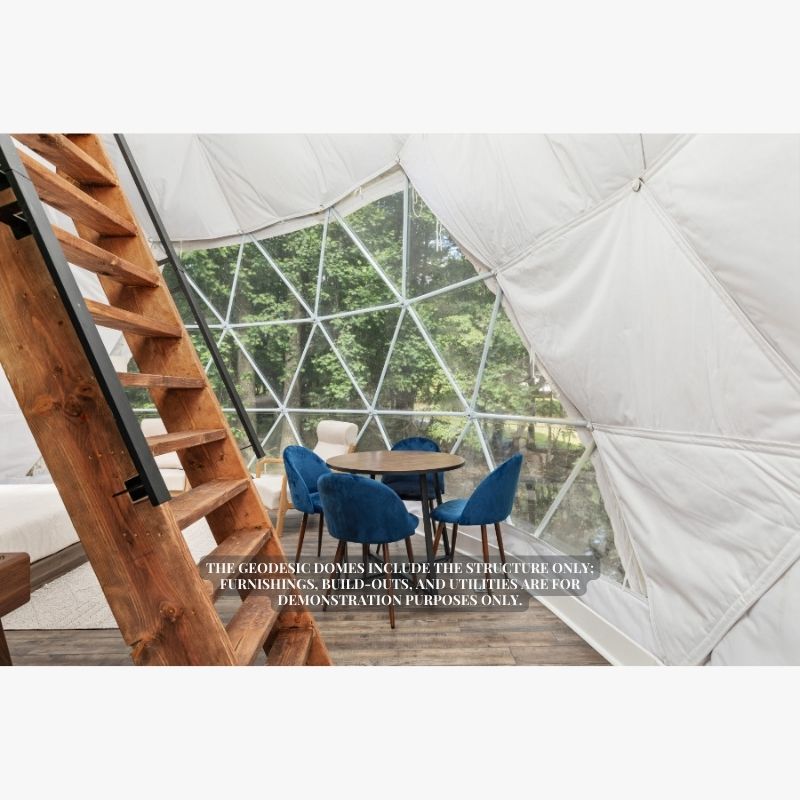 Stargazing Dome 26' Luna Glamping in white interior view of ladder and dining table