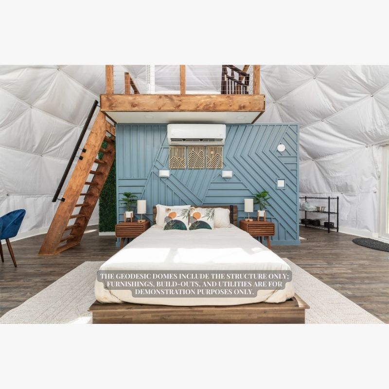 Stargazing Dome 26' Luna Glamping in white interior view with bed loft and air conditioner
