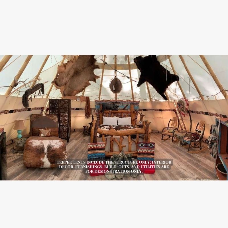 Teepee Tent by Nomadic Tipi Makers interior view rustic cabin decor with bed and wood flooring