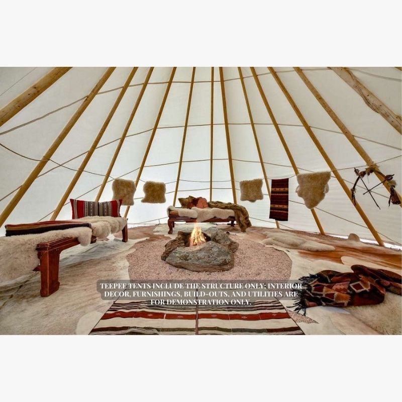 Teepee Tent by Nomadic Tipi Makers interior view with fire pit two beds and rugs