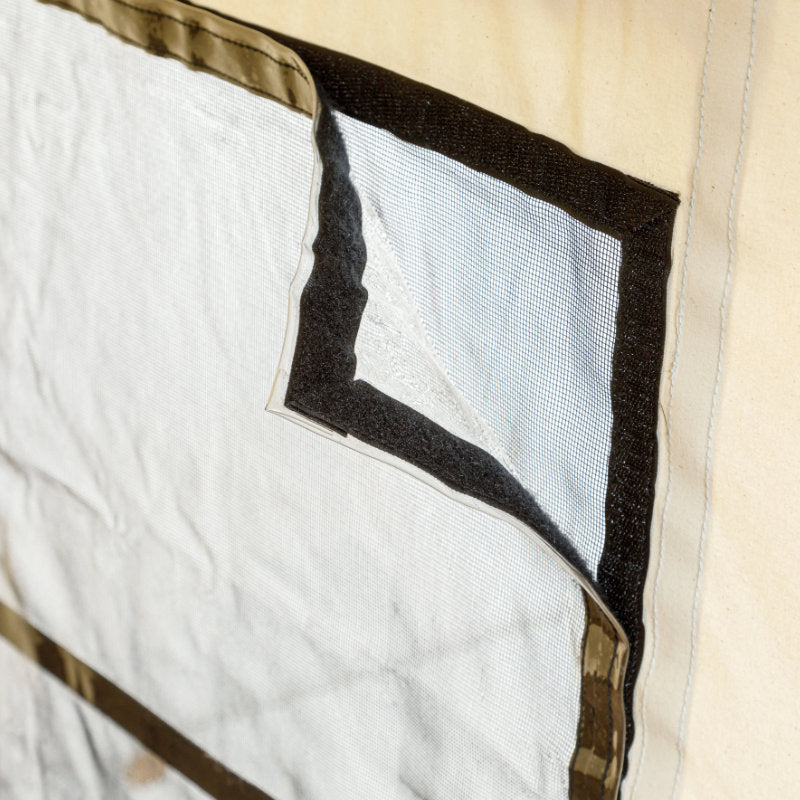 Wall Tent Canvas Camp stock photo interior view of window