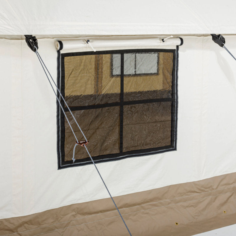 Wall Tent Canvas Camp stock photo outside view of open window
